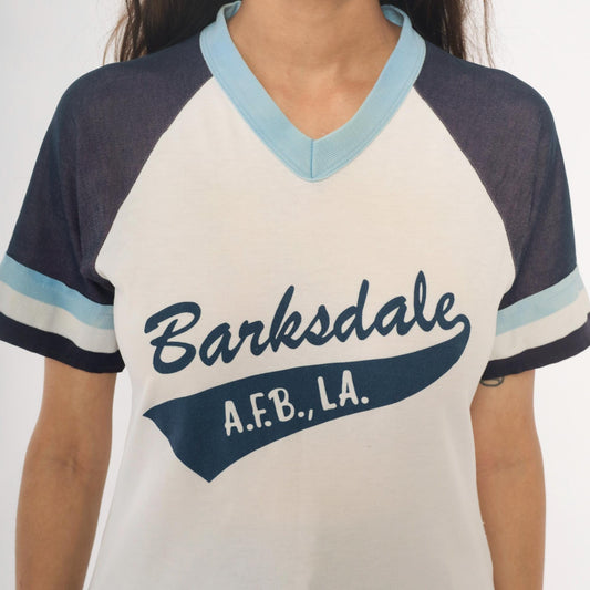 80s Barksdale A.F.B. Raglan Jersey Number 24 White Navy V-Neck Small