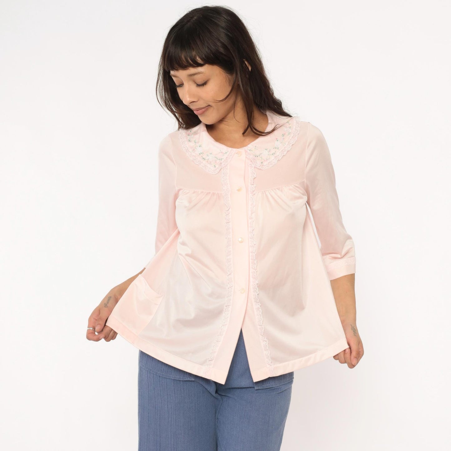 80s Shadowline Nylon Blouse Peter Pan Collar Embroidered Floral Pink Small
