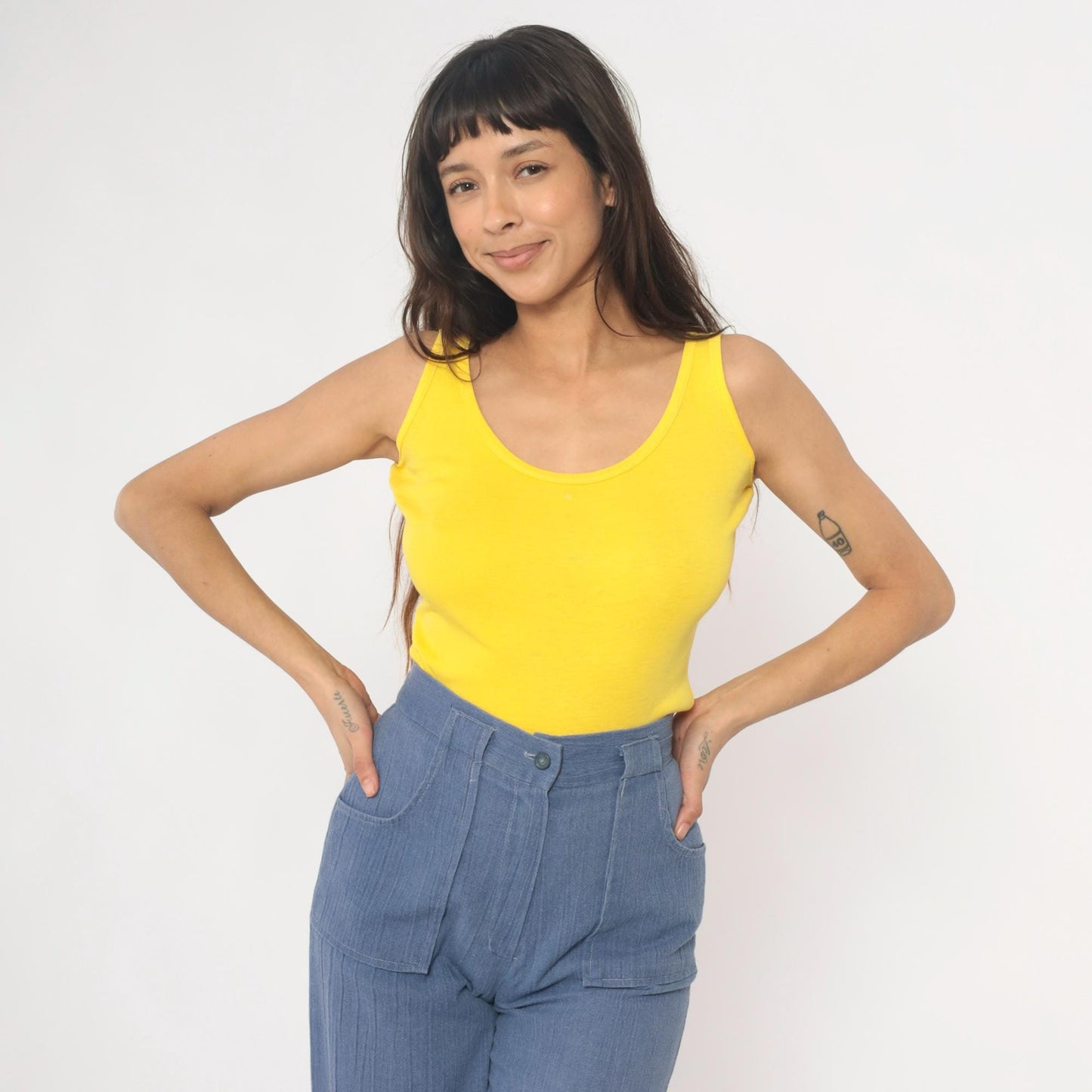 80s Yellow Scoop Neck Tank Top Fitted Cotton Blend Medium M