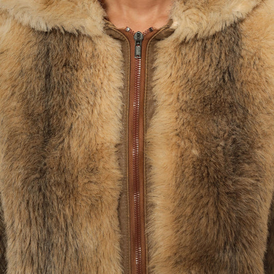 70s Beekman Place Faux Fur Hooded Coat Beige Brown Vinyl Trim Medium