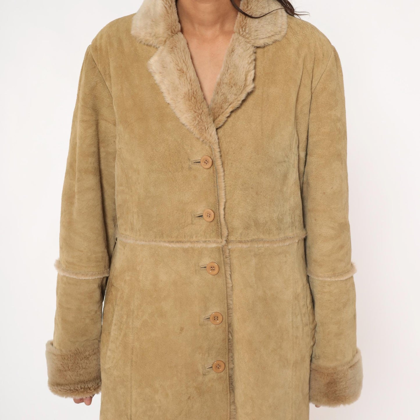 Y2K Brandon Thomas Leather Shearling Coat Tan Knee-Length Large L