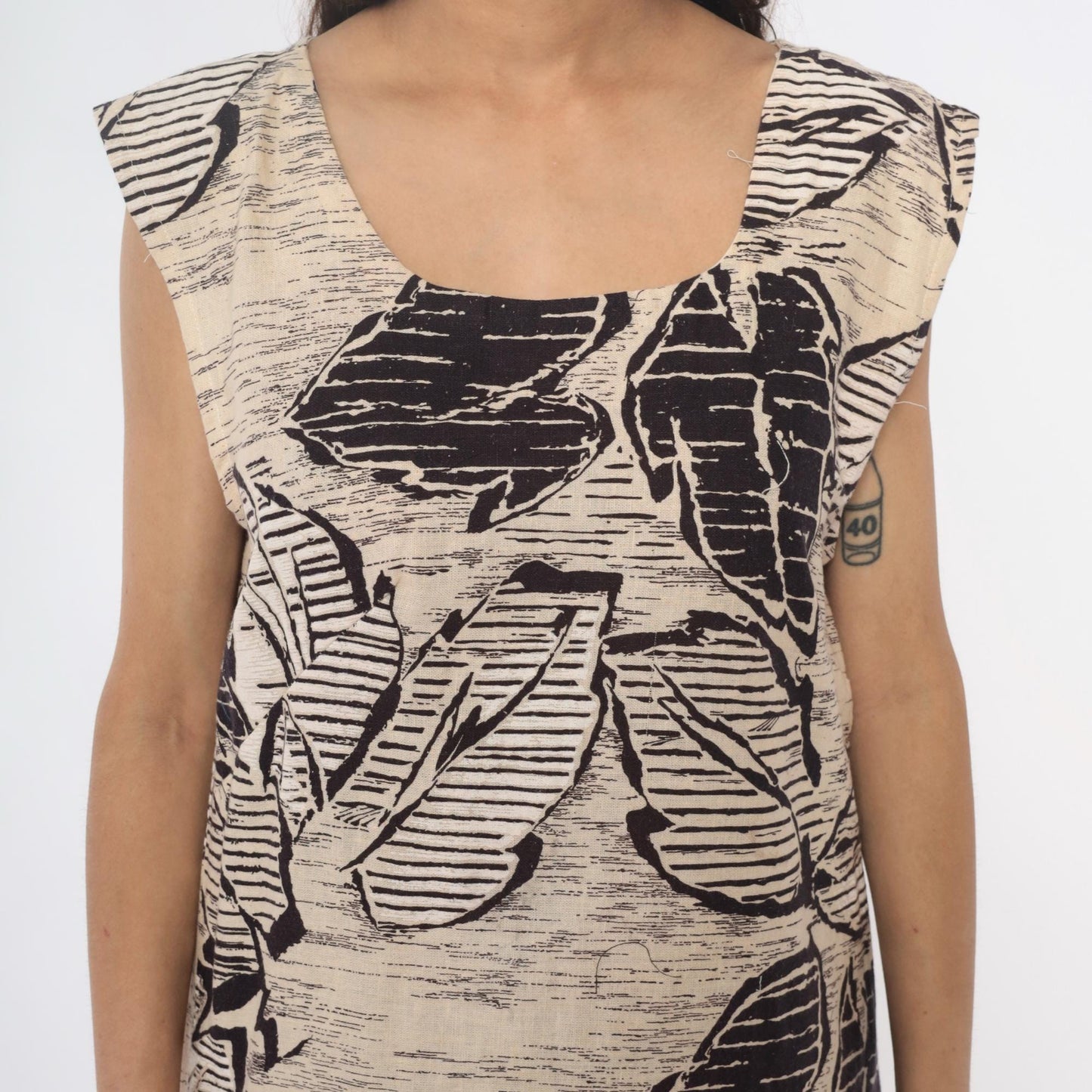 70s Leaf Print Shift Dress Cream Black Botanical Sleeveless Large