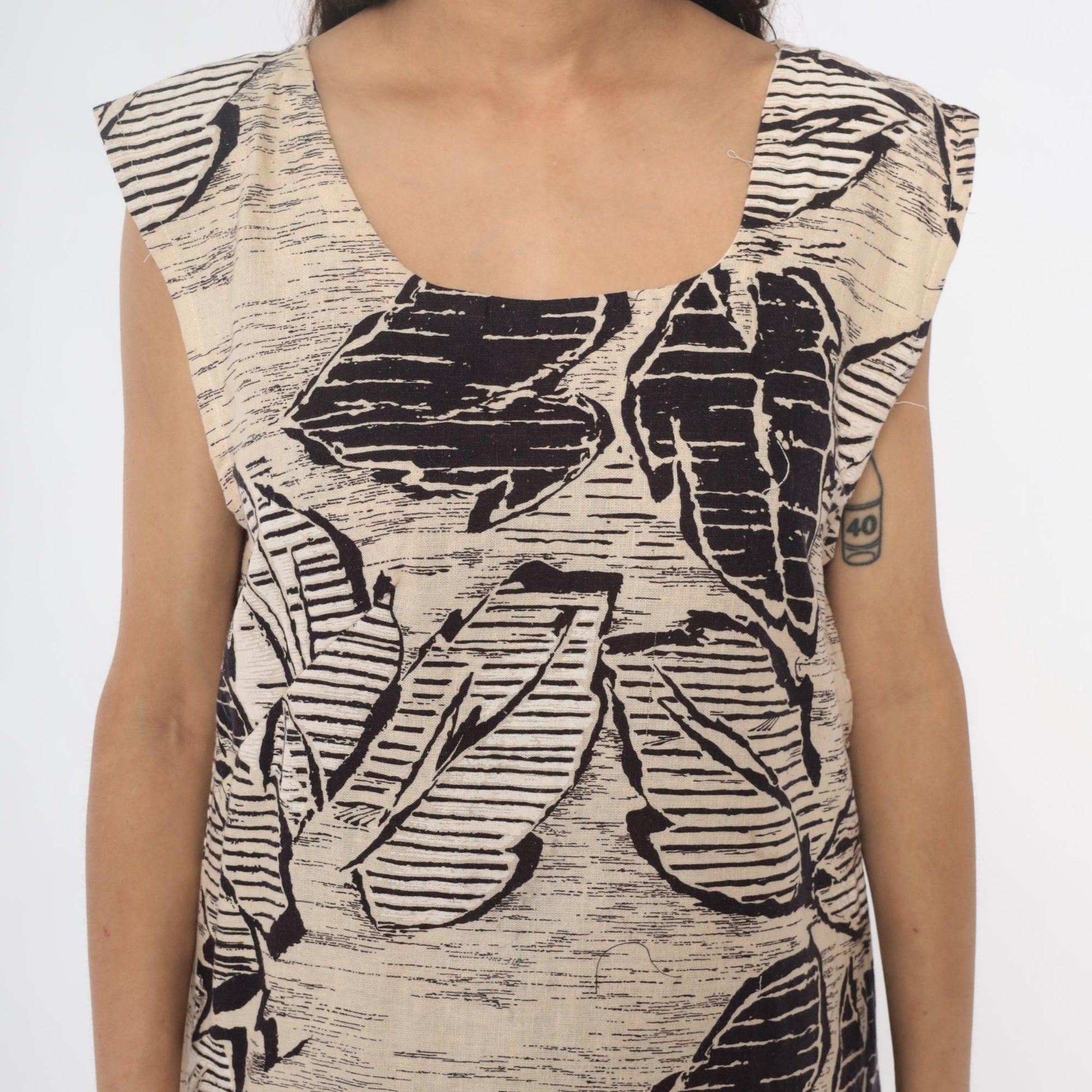 70s Leaf Print Shift Dress Cream Black Botanical Sleeveless Large