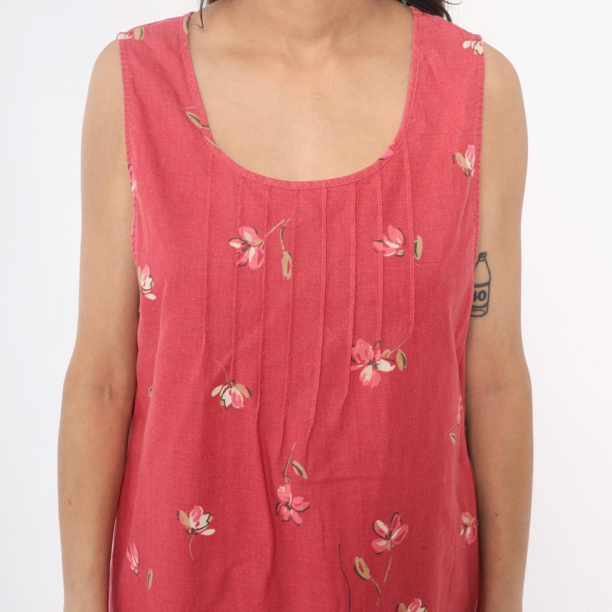 90s White Stag Floral Maxi Dress Pink Linen Cotton Blend Pintuck Medium M