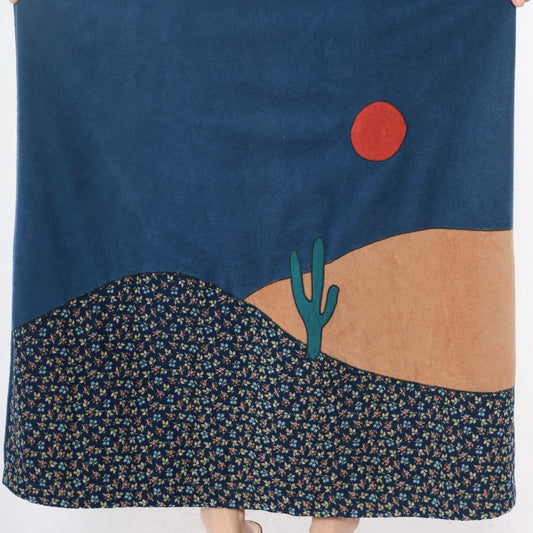70s Blue Maxi Dress Empire Waist Desert Cactus Appliqué Long Sleeve Medium