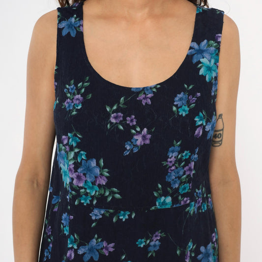 90s Karin Stevens Floral Maxi Dress Dark Blue Purple Sleeveless Tank Large