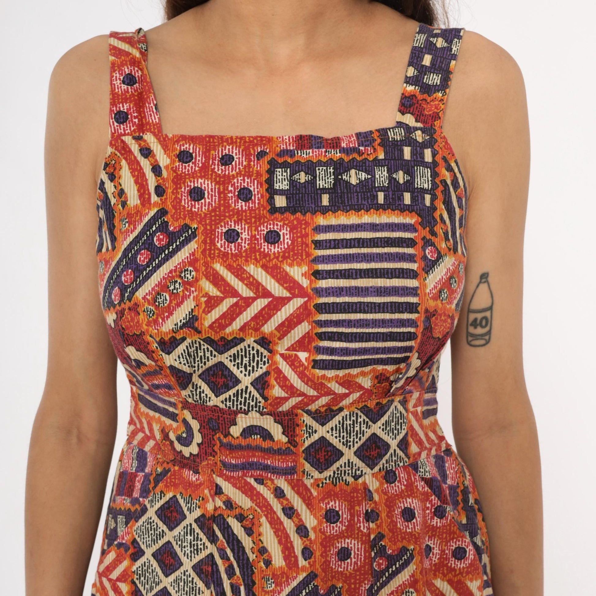 90s Geometric Patchwork Sundress Square Neck Tribal Print Small S