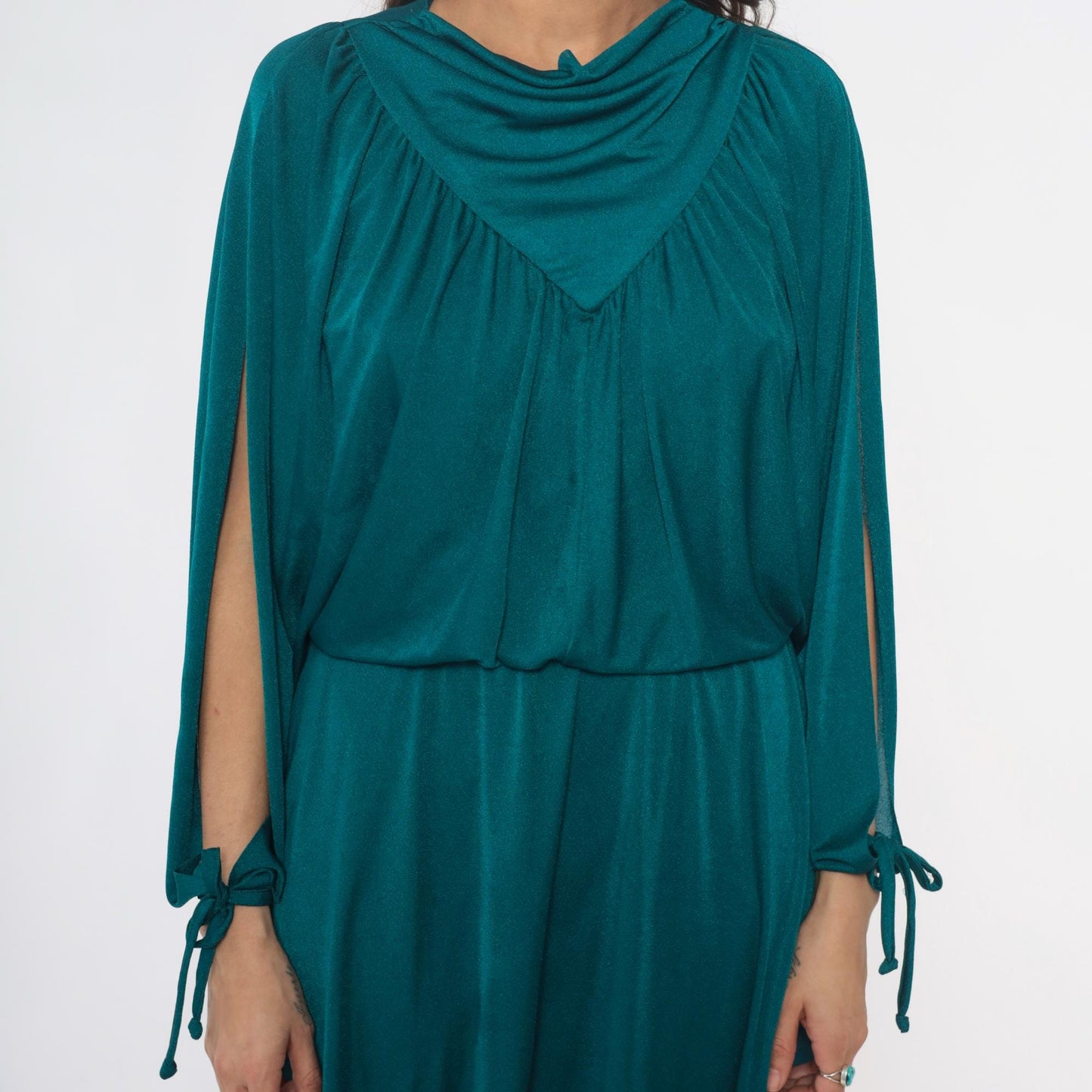 80s Teal Cowl Neck Dress Draped Split Sleeve Knee-Length Small Medium