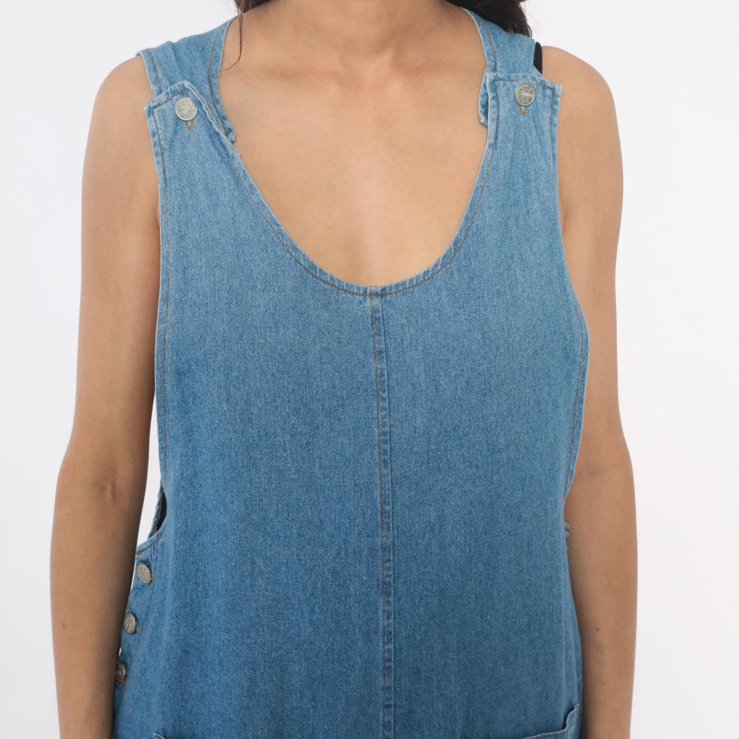 90s Fads Light Blue Denim Dress Sleeveless Side Button Shift Large L
