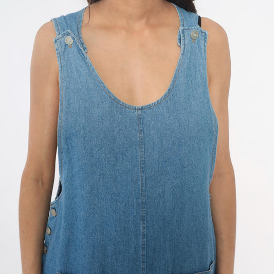 90s Fads Light Blue Denim Dress Sleeveless Side Button Shift Large L