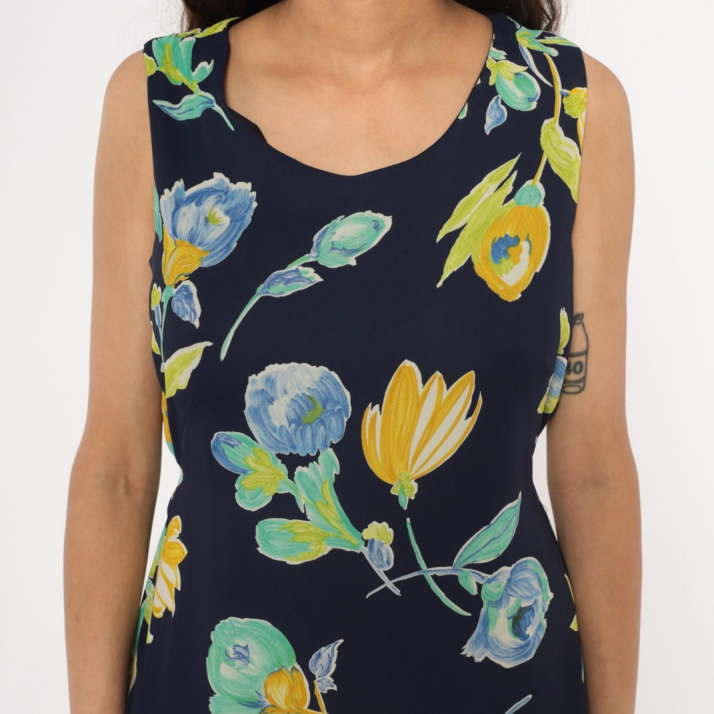 90s Bentley Floral Maxi Dress Navy Blue Yellow Green Scoop Neck Large L