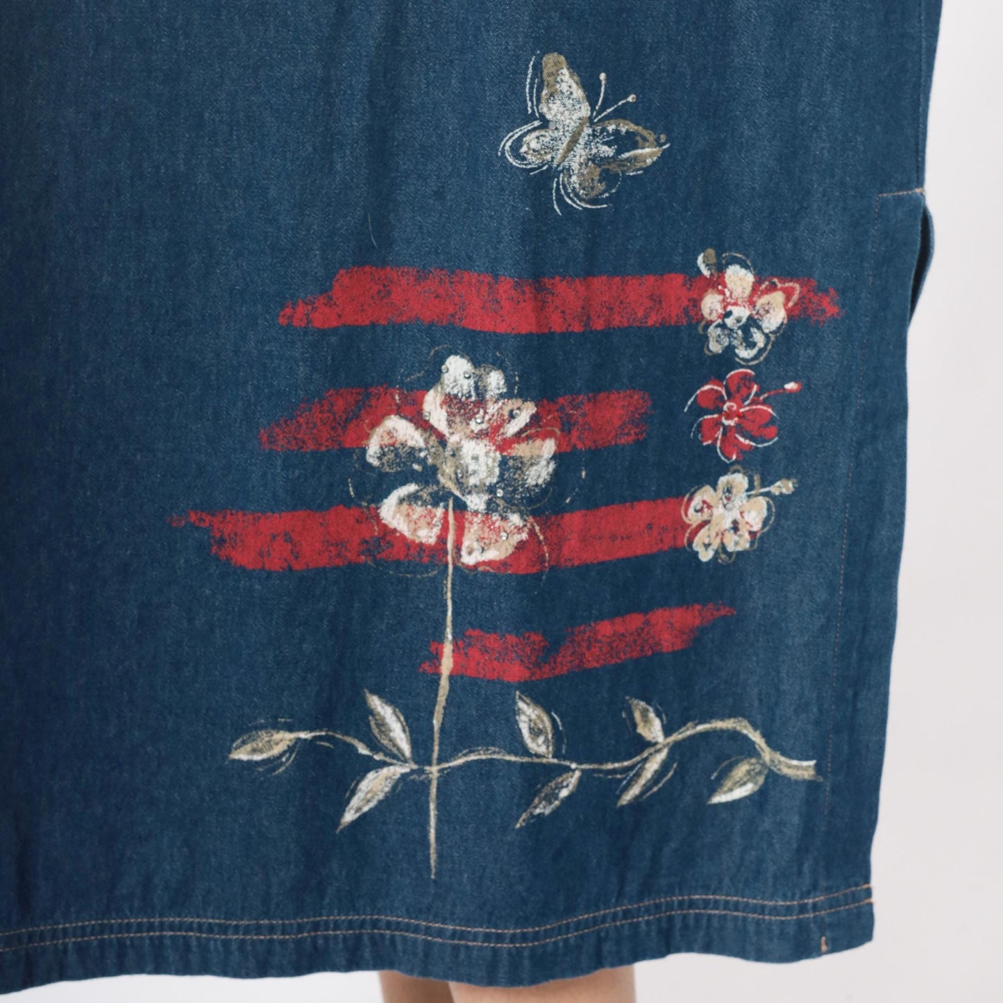 90s Blue Denim Maxi Dress Floral Butterfly Painted Tank Sleeveless Large L