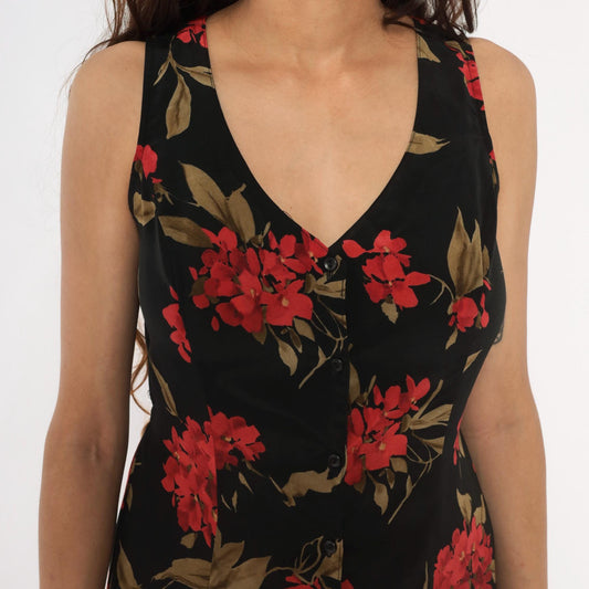 90s Expressions Floral Maxi Dress Black Red Coral Sleeveless V-Neck Medium