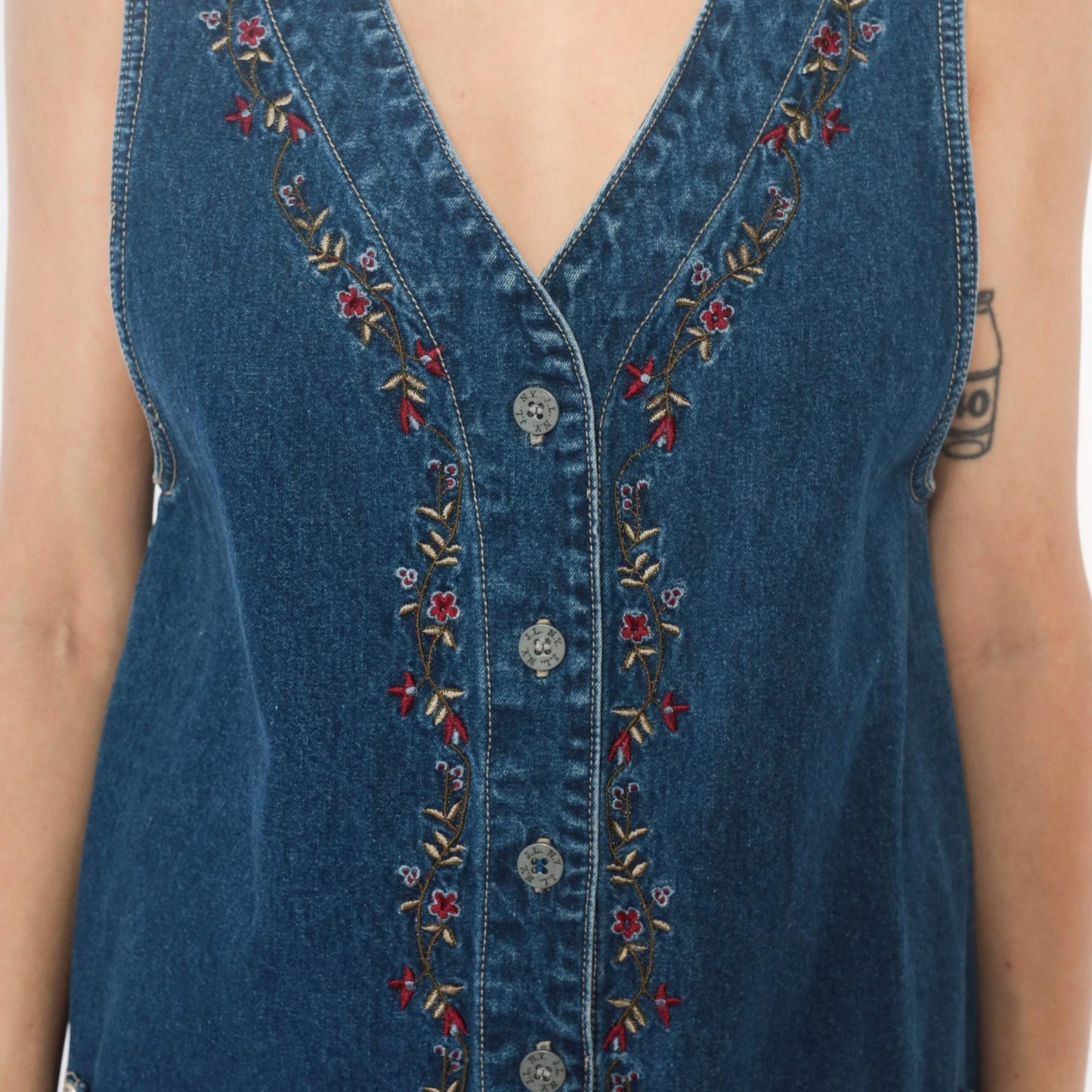 90s JL NY Sport Denim Mini Dress Floral Embroidery Blue Small