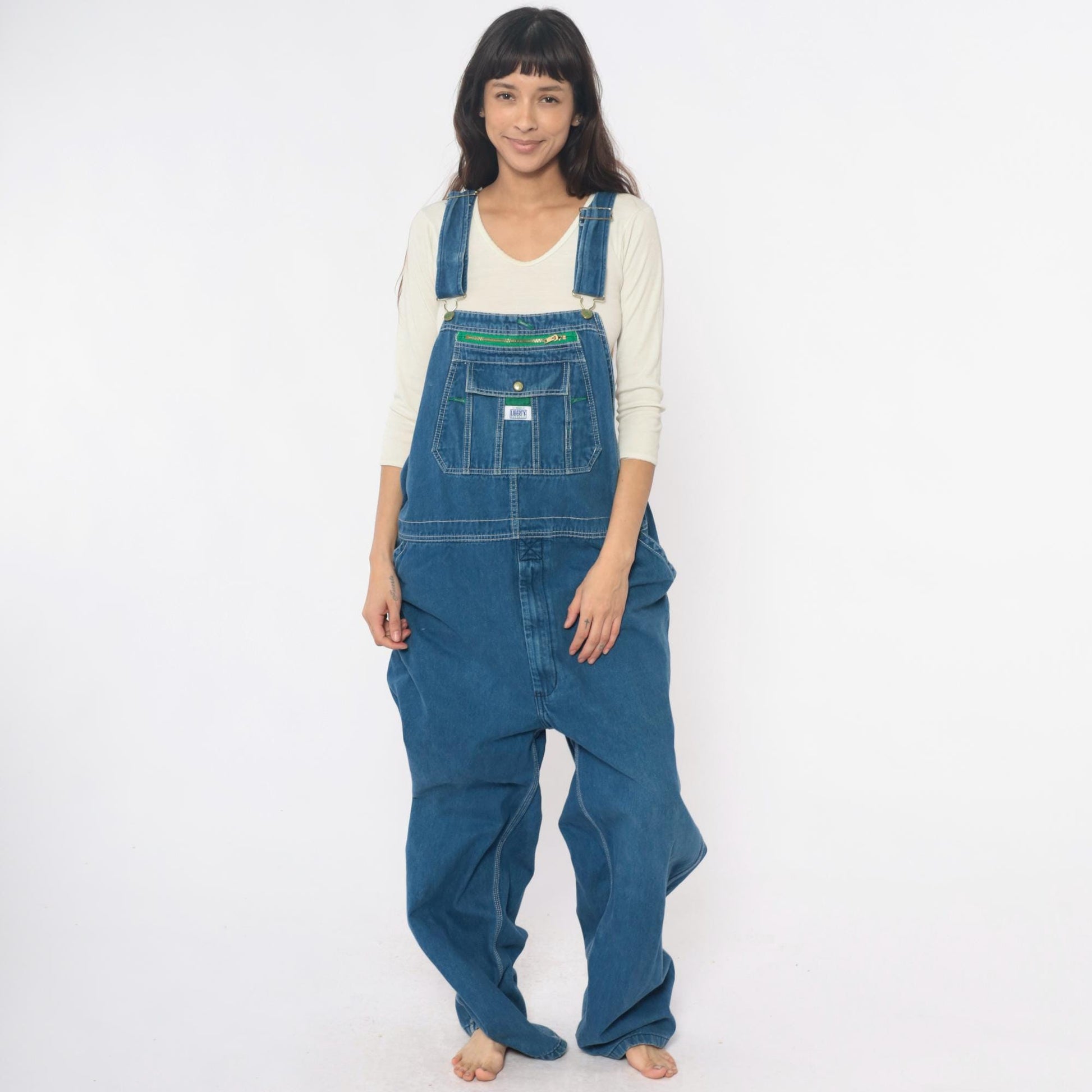 Y2K Liberty Denim Overalls Medium Blue Green Stitching Carpenter Jumpsuit