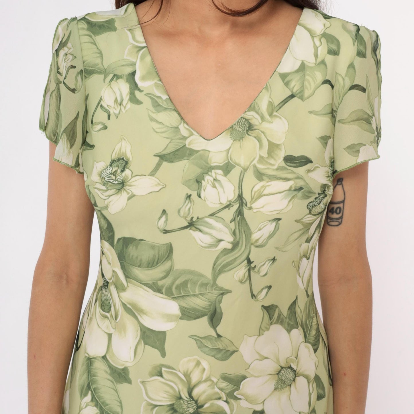90s Green Magnolia Floral Dress V-Neck Flutter Sleeve A-Line Medium