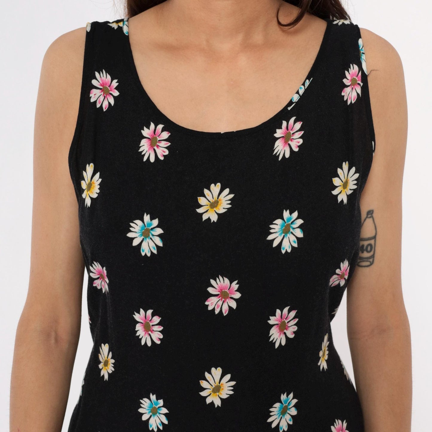 90s Daisy Print Maxi Dress Black Sleeveless Scoop Neck Large L