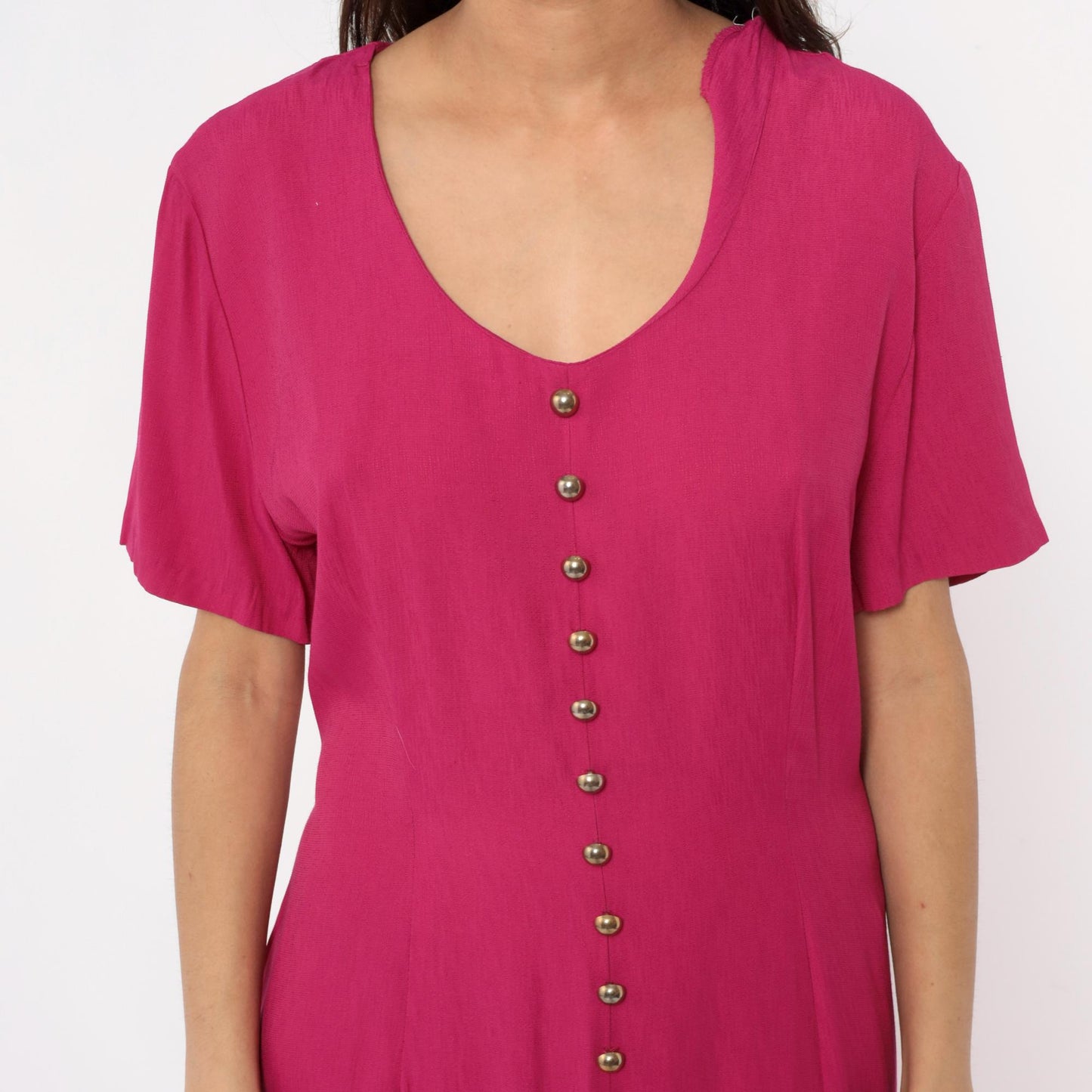 90s Nina Piccalino Hot Pink Maxi Dress V-Neck Button Front Large L