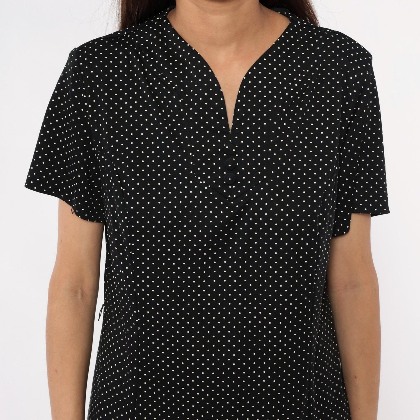 90s Black Polka Dot Midi Dress White V-Neck Short Sleeve Extra Large
