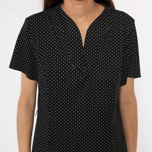 90s Black Polka Dot Midi Dress White V-Neck Short Sleeve Extra Large