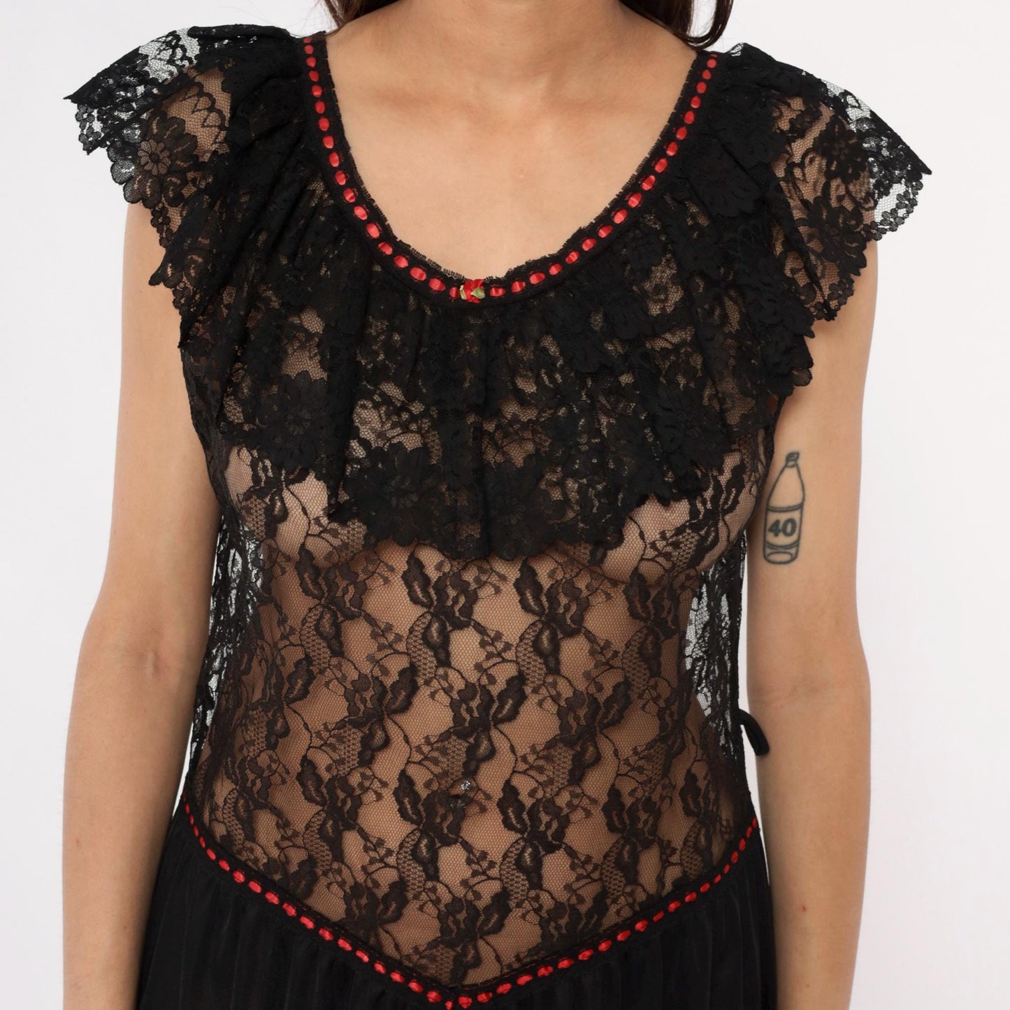 80s Stroke of Midnight Black Lace Nightgown Red Beaded Trim Maxi Large