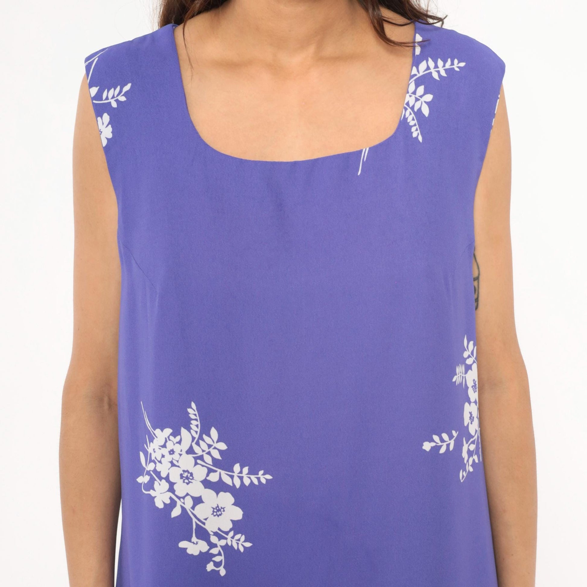 90s Periwinkle Floral Maxi Dress Sleeveless White Embroidered A-Line Extra Large XXL