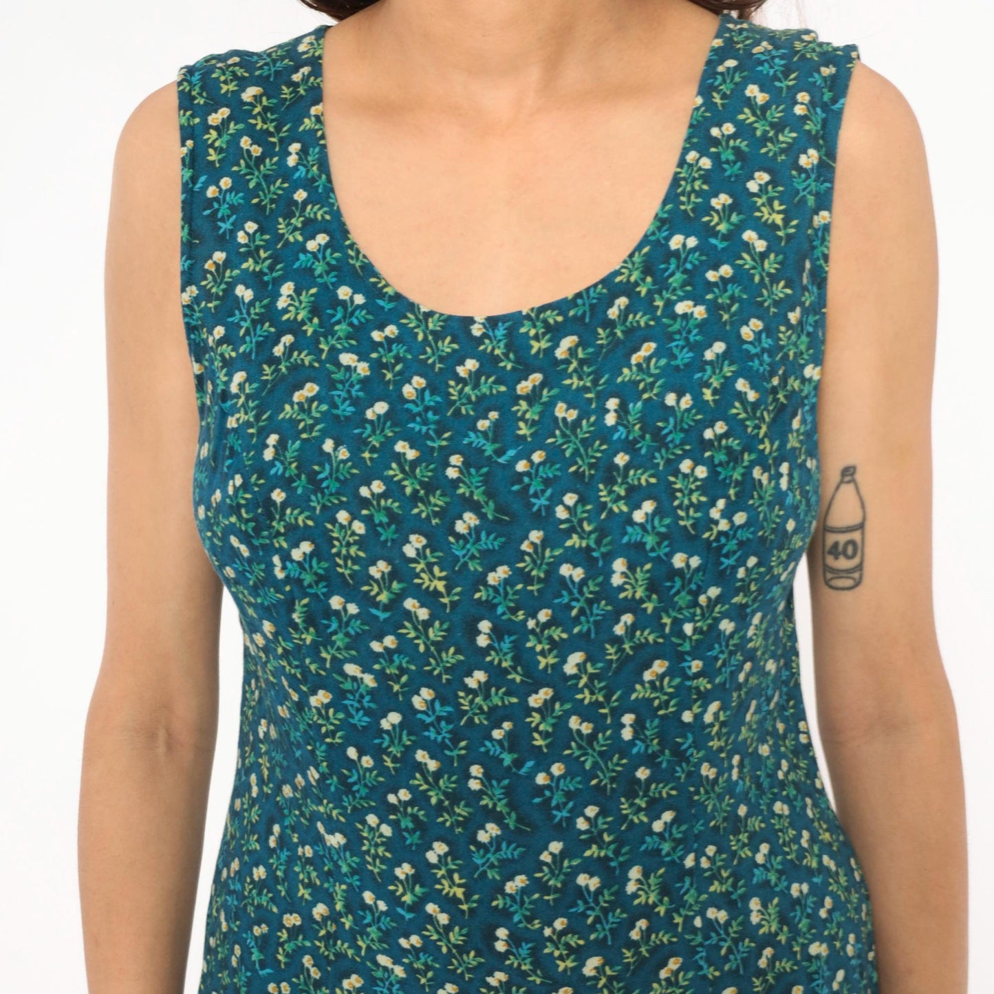 90s TR Bentley Floral Midi Dress Teal Sleeveless Scoop Neck Medium M