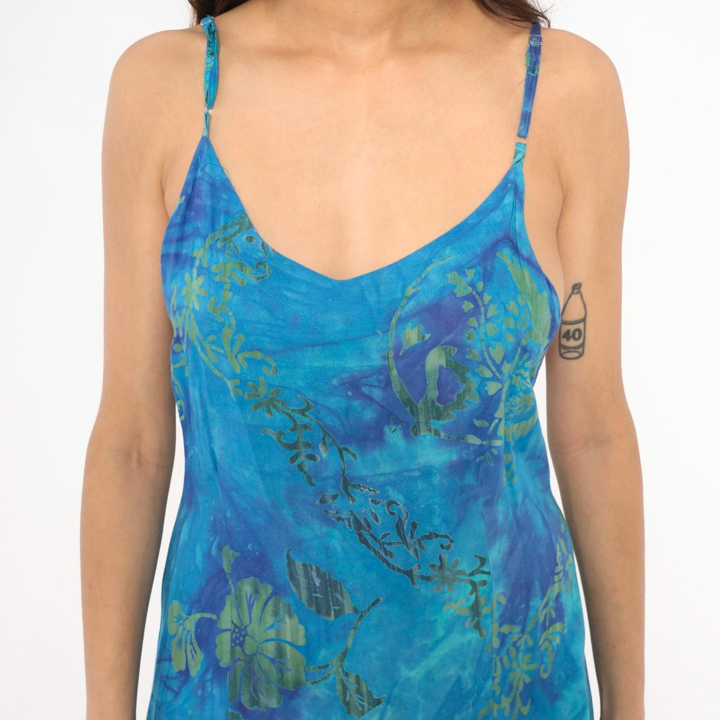 2000s Hand Kreation Tie Dye Slip Dress Blue Purple Hibiscus Floral Large L