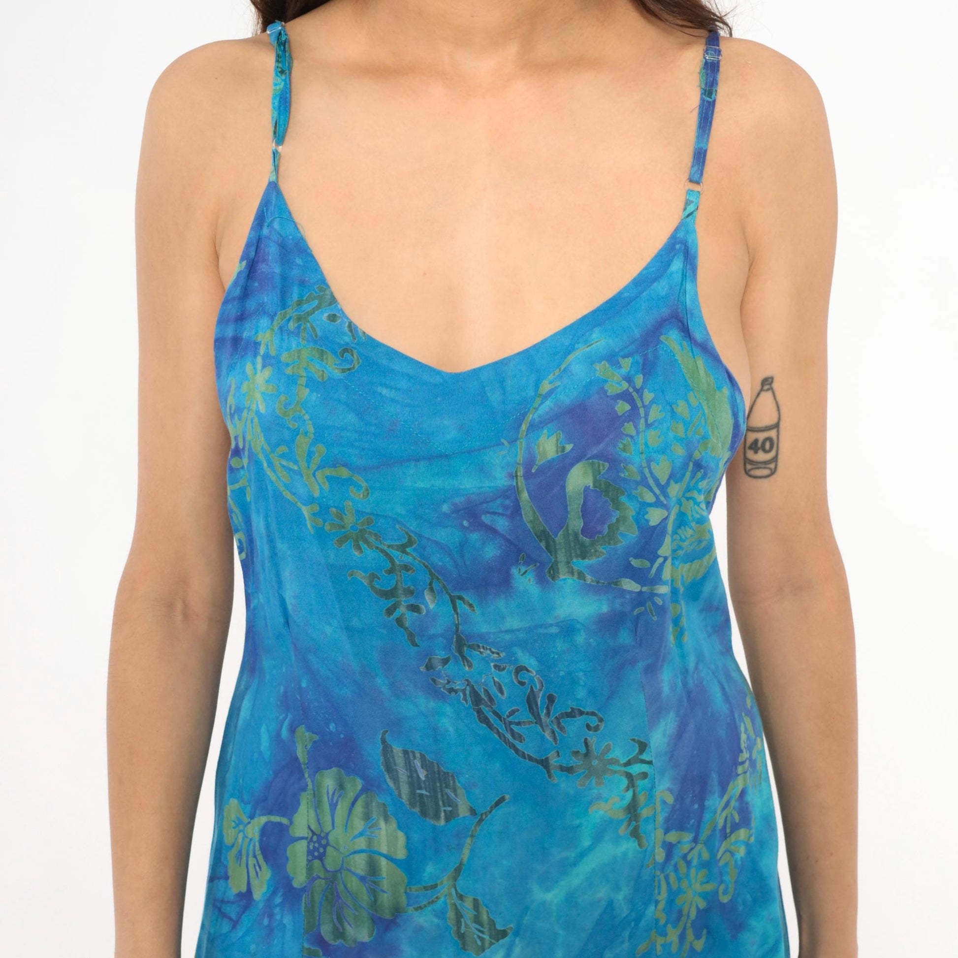 2000s Hand Kreation Tie Dye Slip Dress Blue Purple Hibiscus Floral Large L
