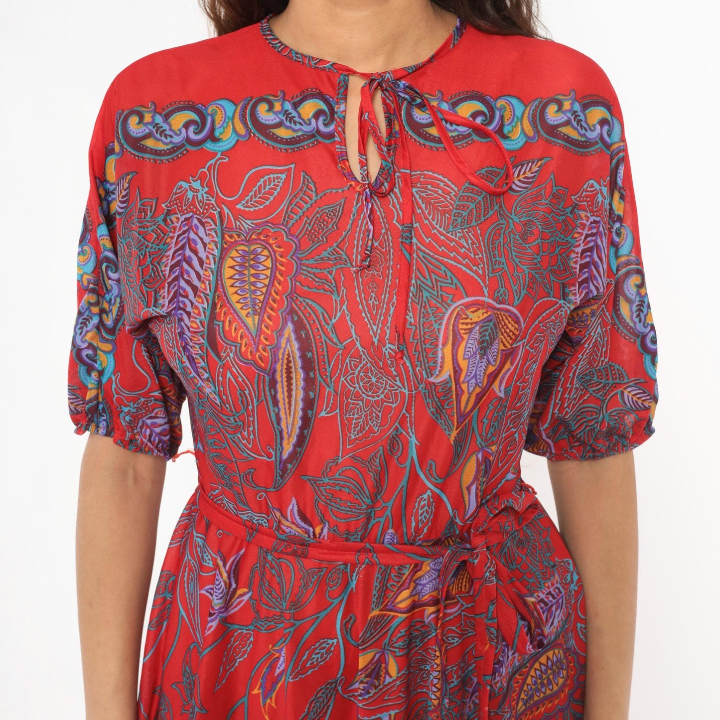 80s NPC Fashions Red Paisley Botanical Tie Neck Dress Knee Length Small Medium