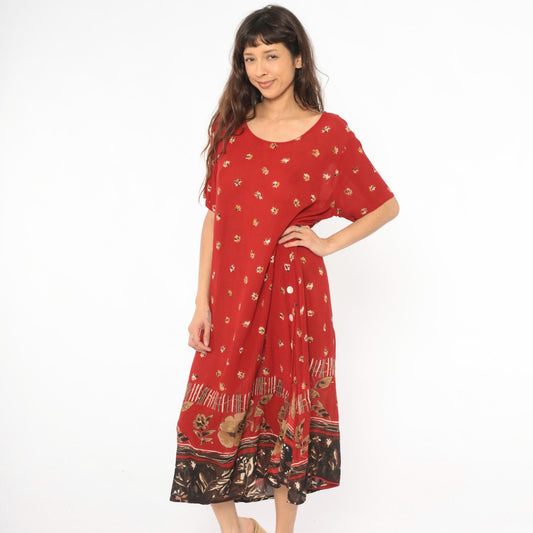 90s Red Floral Maxi Dress Gold Border Button Side Slit Large L