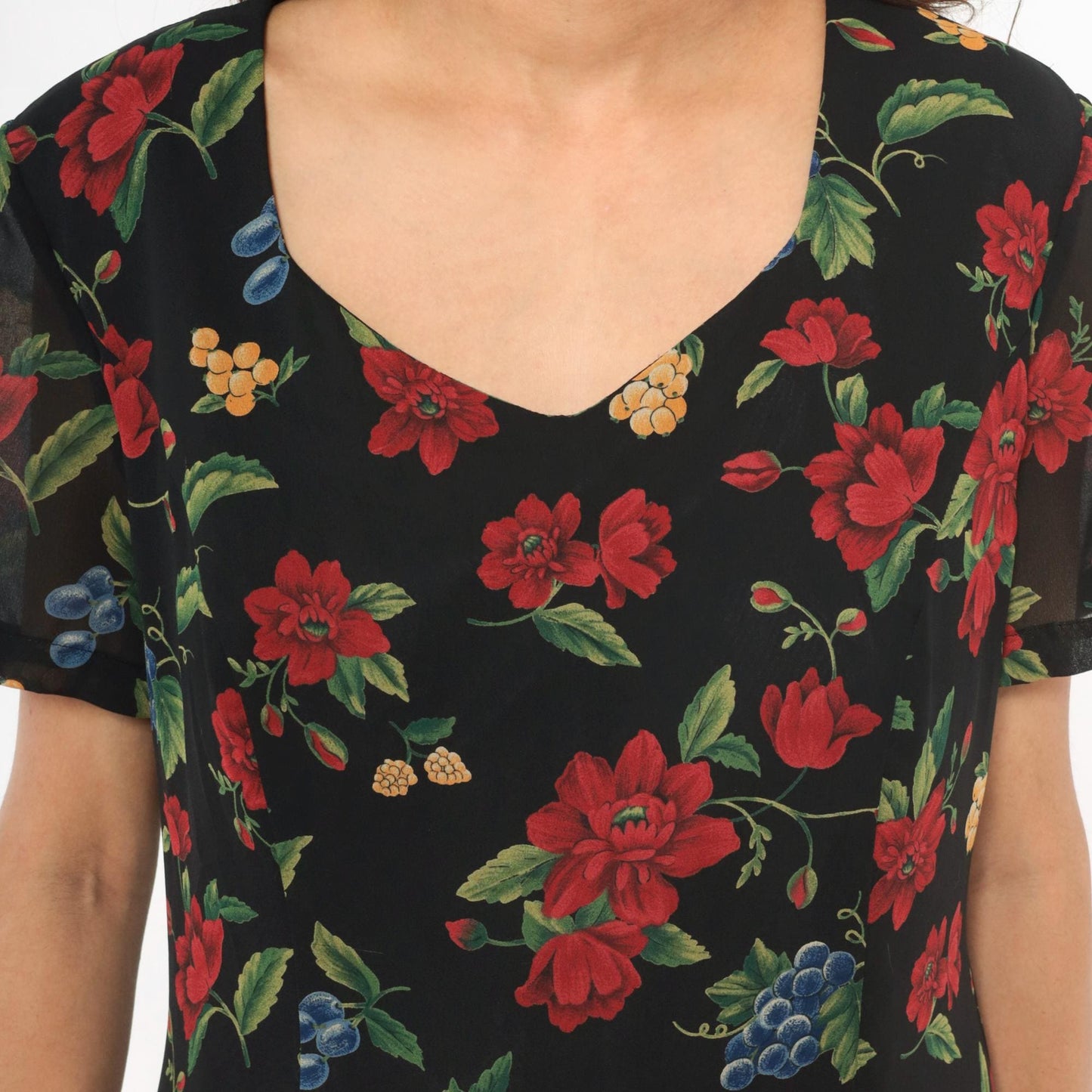 90s Olivia Rose Floral Knee-Length Dress Black Red Grape Print Medium M