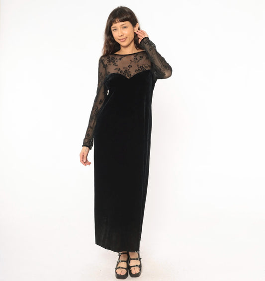 90s Kathie Lee Black Velvet Maxi Dress Embroidered Mesh Sweetheart V Back Small