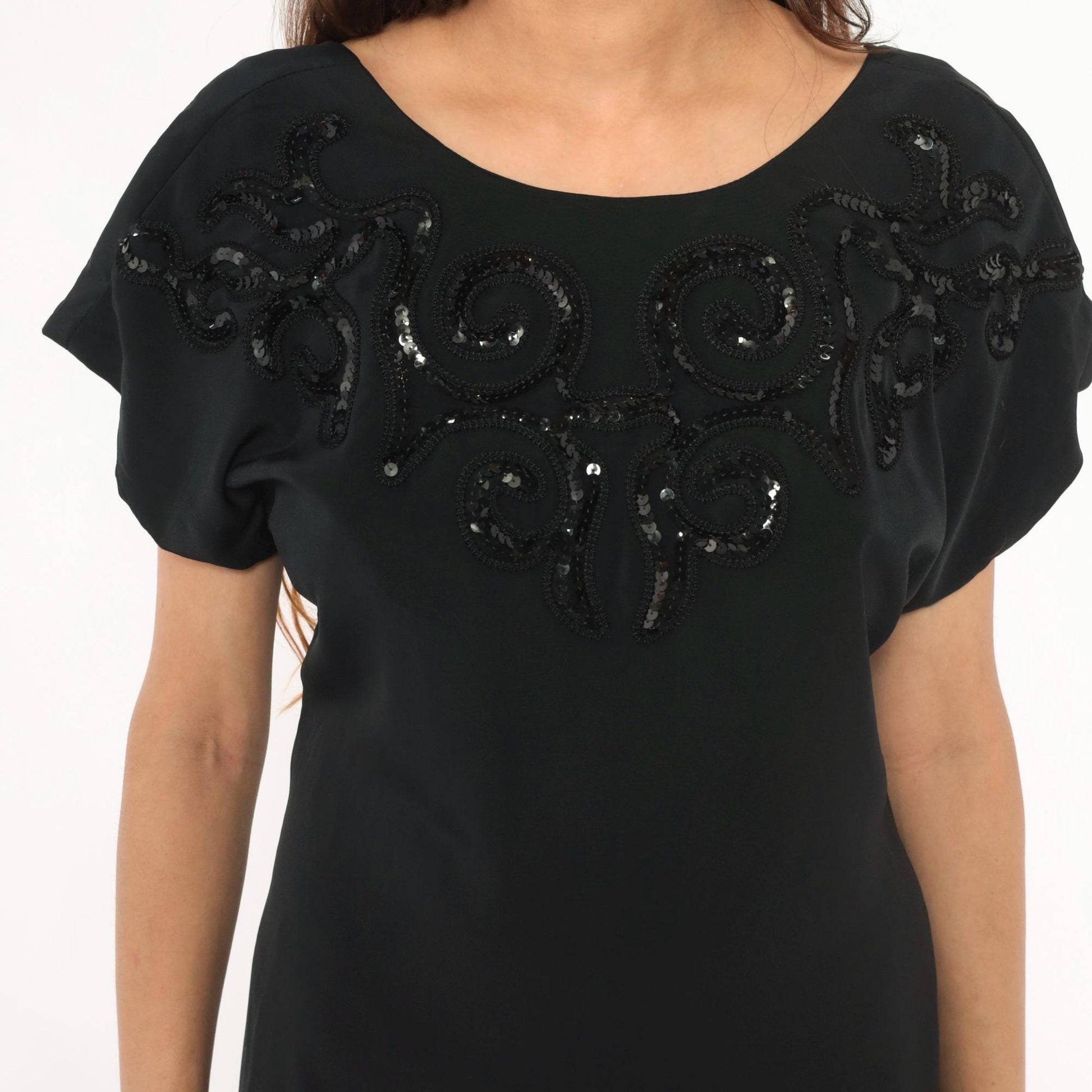 80s Susan Roselli Sequin Beaded Black Sheath Dress Scoop Neck Small S