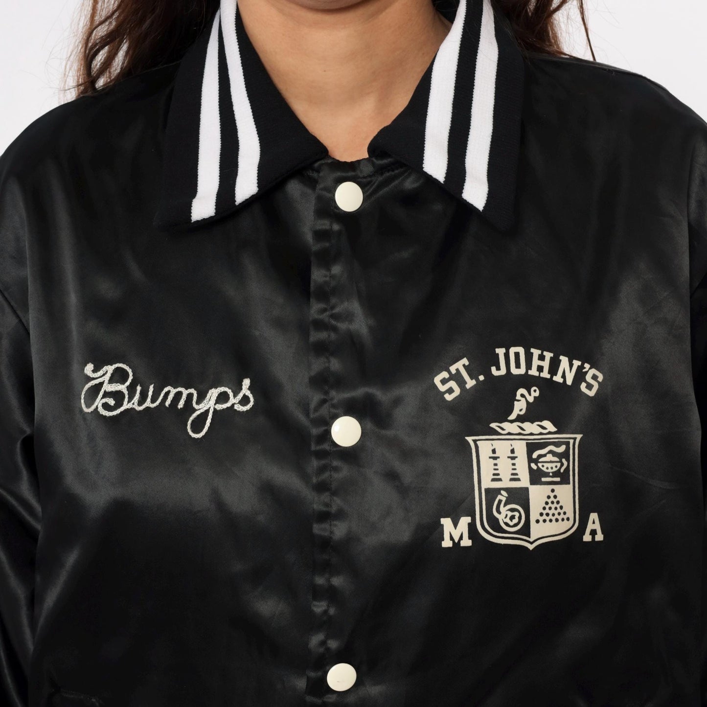 80s Black Satin Varsity Jacket Silver Rifles Drill Team Embroidered Medium