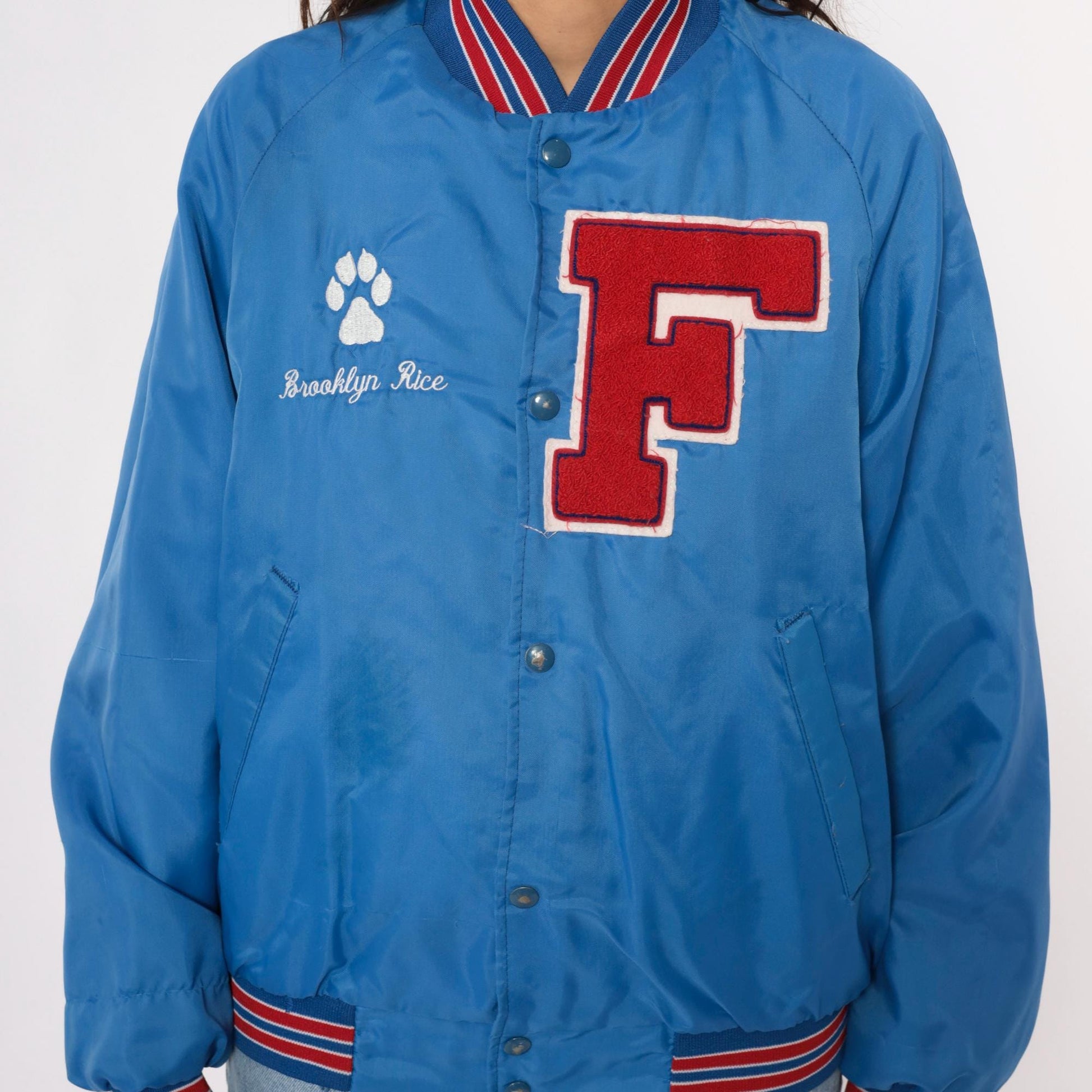 90s Franklin Varsity Jacket Blue Nylon Bomber Snap Front Small S