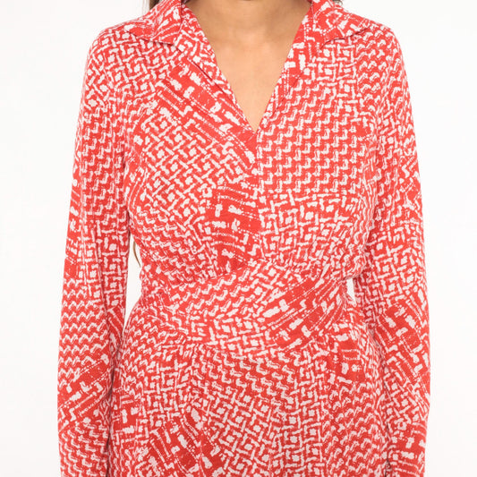 80s Tall Shop Red White Geometric Wrap Dress Knee Length Large L