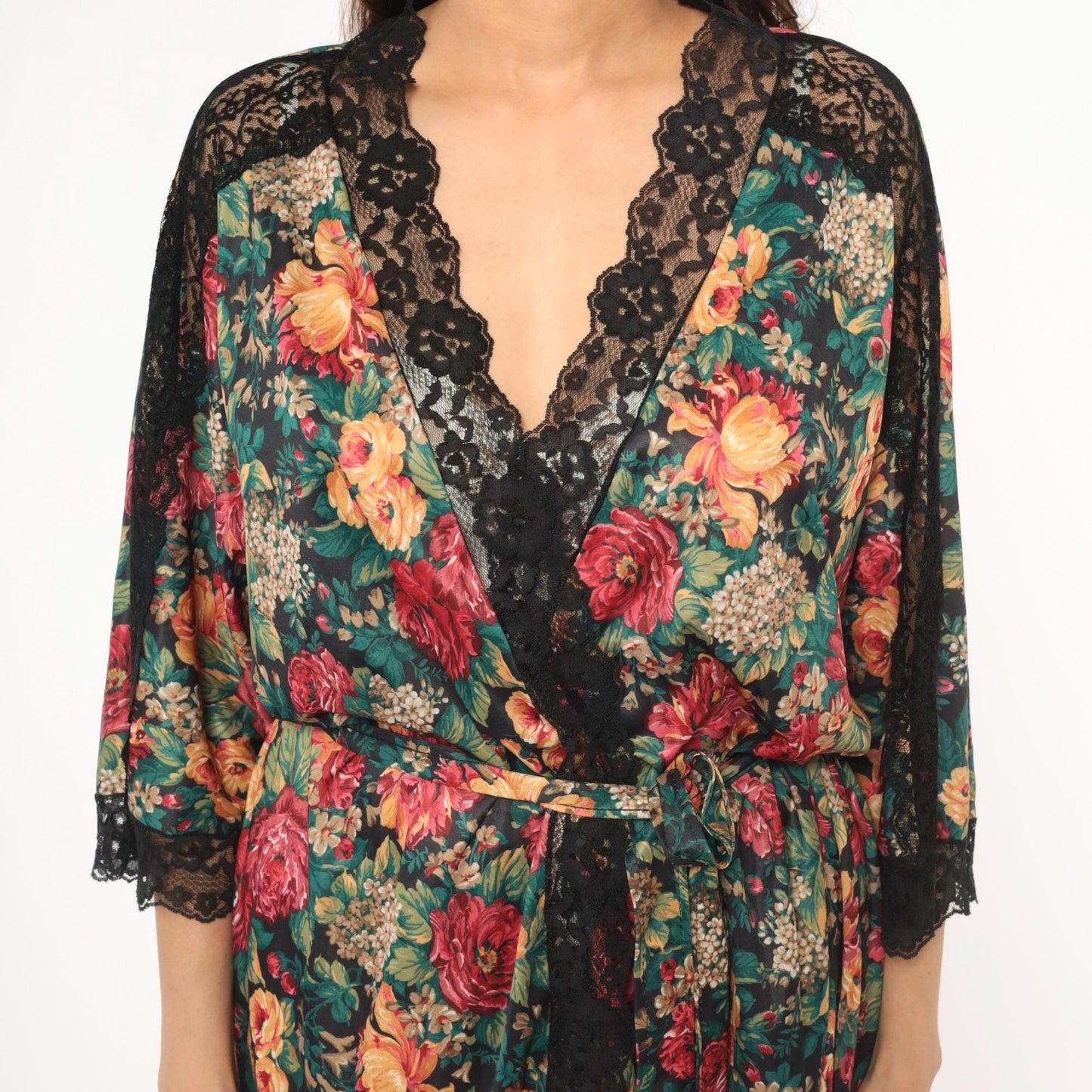 90s Sopre Lingerie Floral Wrap Robe Black Rose Print Lace Trim Plus Size 3X