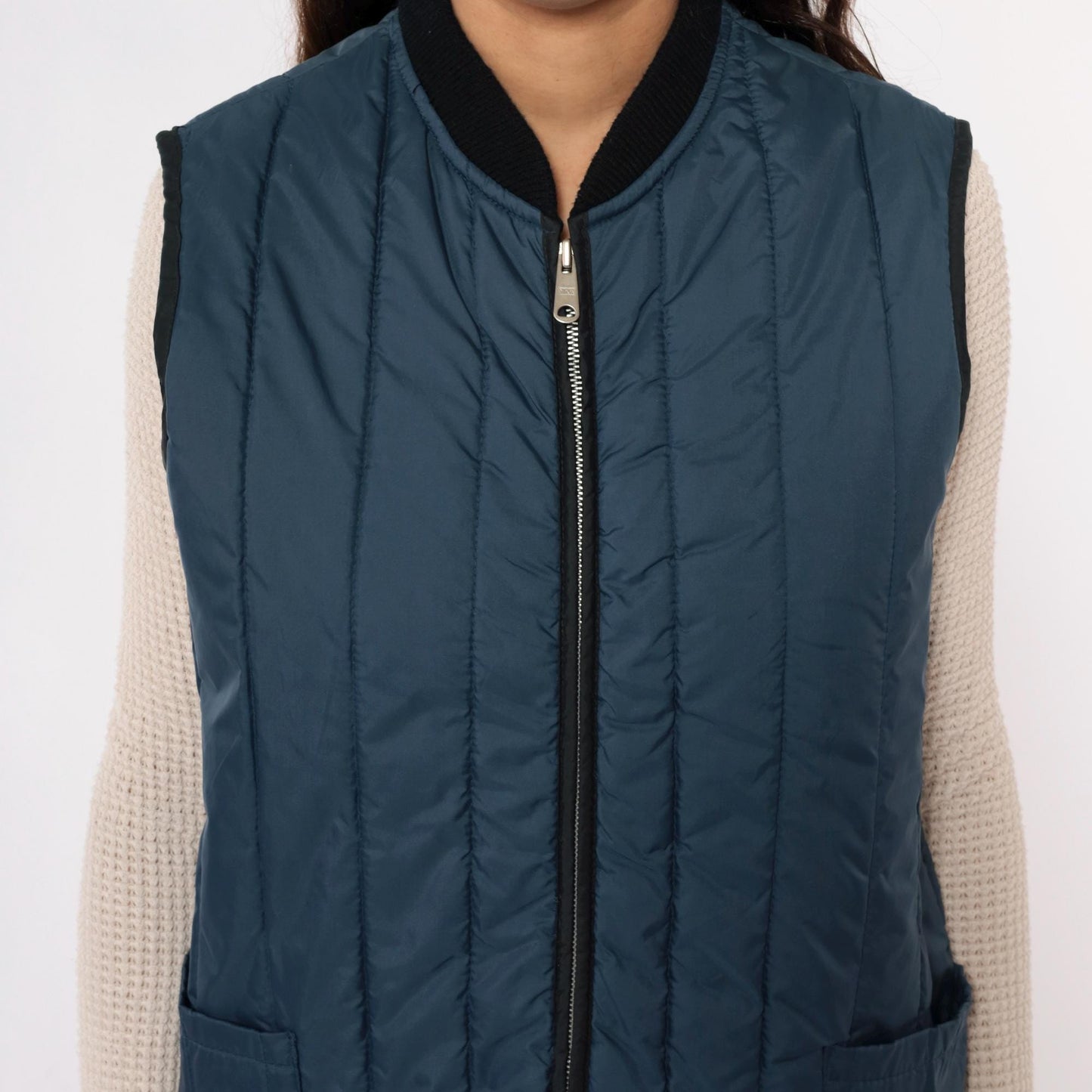 80s Sears Navy Quilted Vest Zip Front Puffer Sleeveless Medium