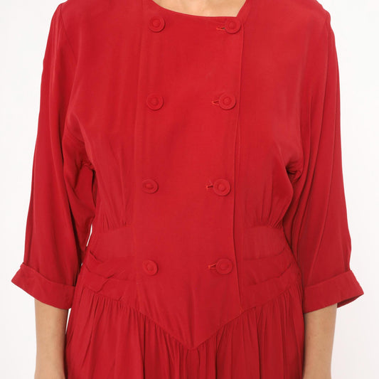 80s Piccolino Petites Crimson Double Breasted Midi Dress Round Neck Small Medium