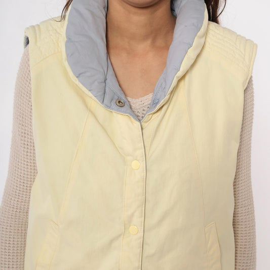 80s Reversible Quilted Vest Yellow Grey Puffer Sleeveless Medium