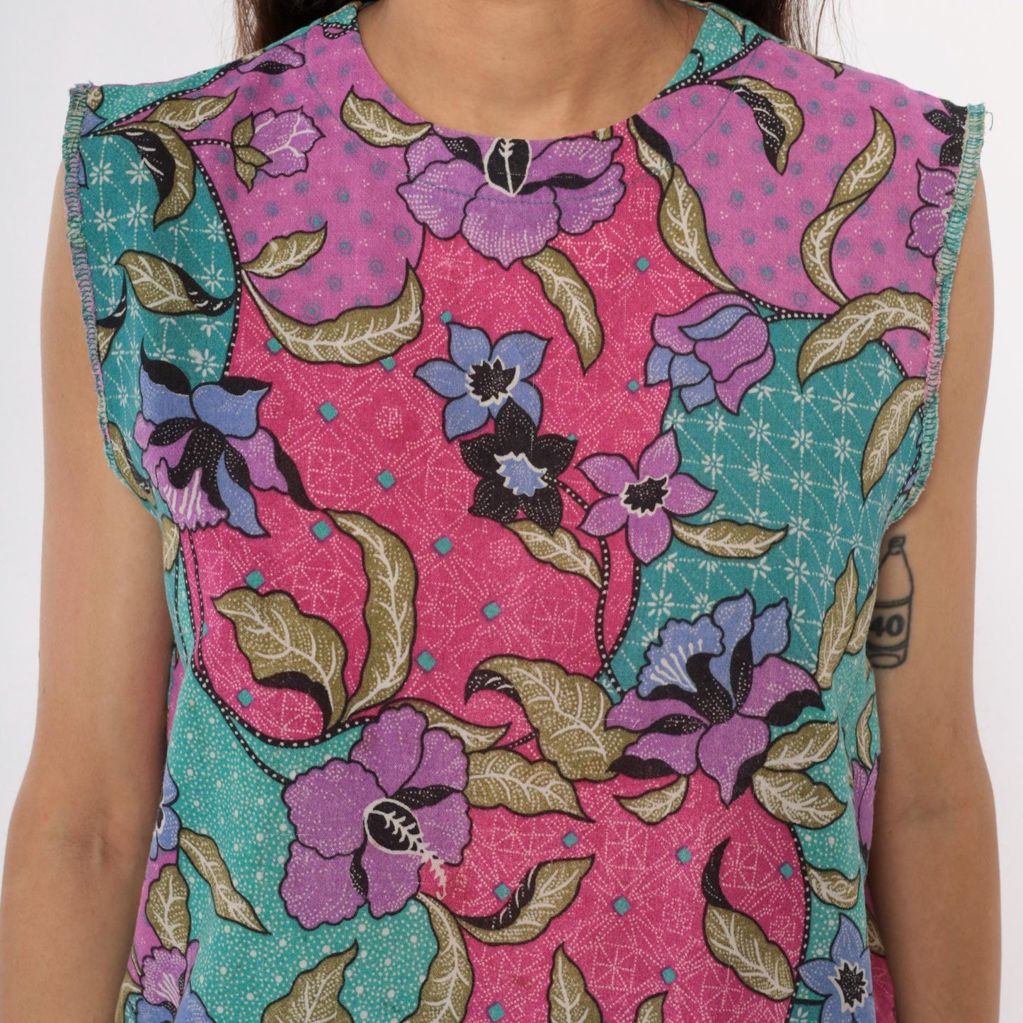 90s Floral Patchwork Tank Top Pink Purple Teal Sleeveless Shell Small