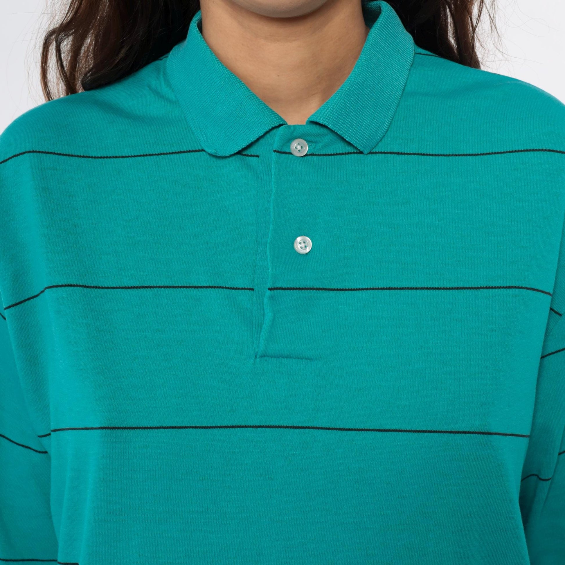 80s Chesterfield Teal Striped Polo Shirt Black Lines Cotton Large L