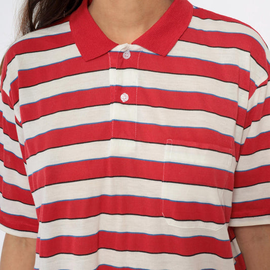 80s Striped Polo Shirt Red Cream Blue Horizontal Stripes Short Sleeve Extra Large XL