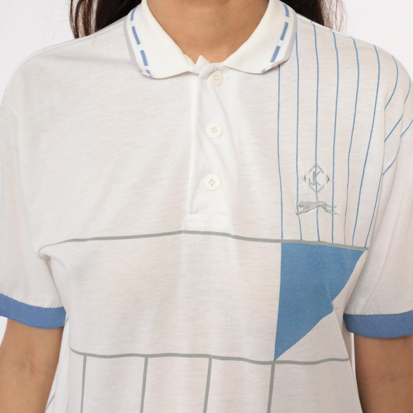 80s Jimmy Connors Slazenger Tennis Polo White Blue Stripe Geometric Medium