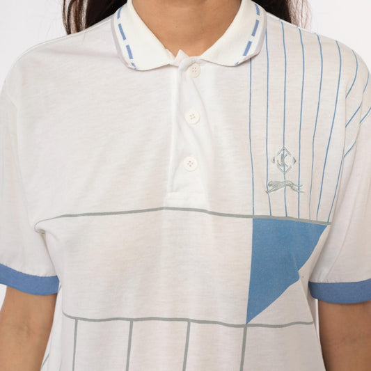 80s Jimmy Connors Slazenger Tennis Polo White Blue Stripe Geometric Medium