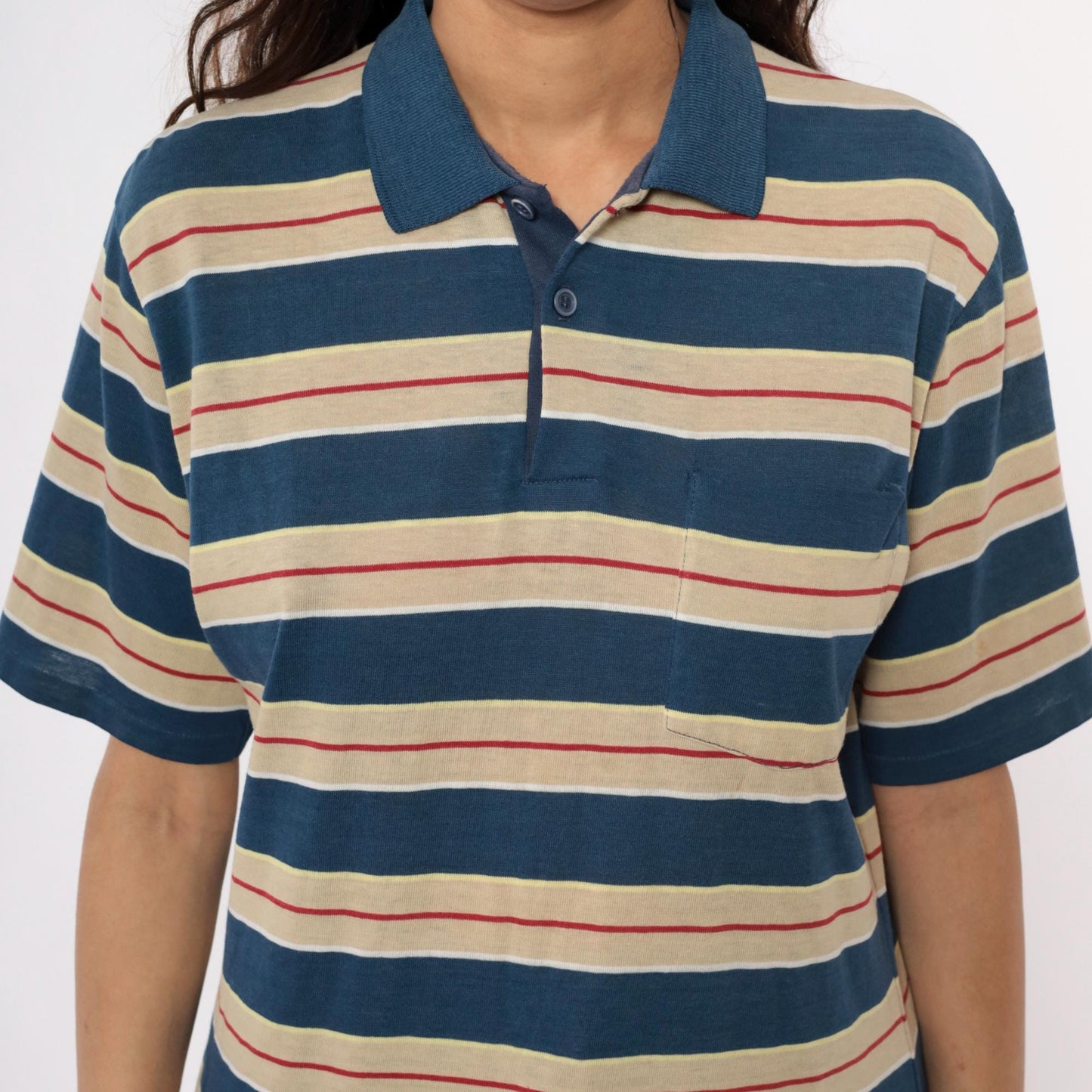 80s Striped Polo Shirt Navy Cream Red Horizontal Stripes Unisex Large
