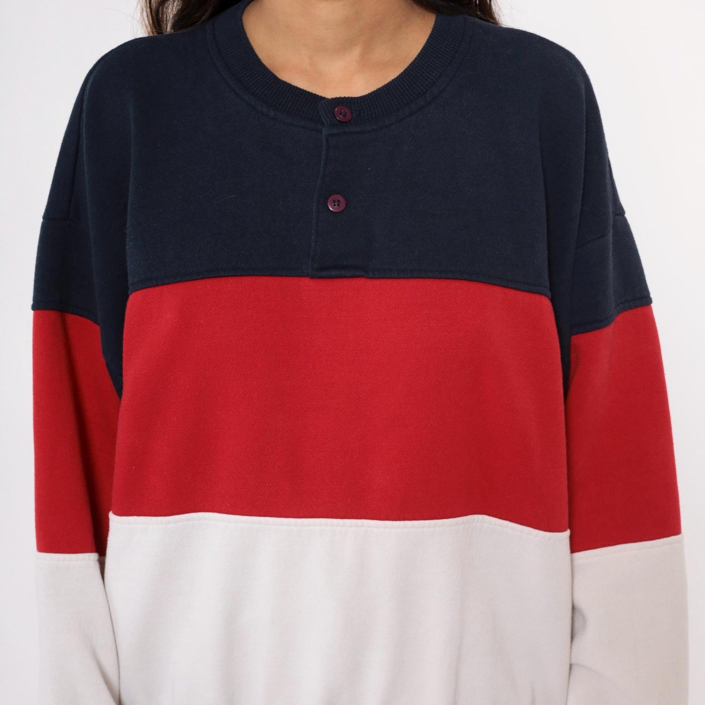 80s Color Block Sweatshirt Navy Red White Striped Henley Button Neck Medium