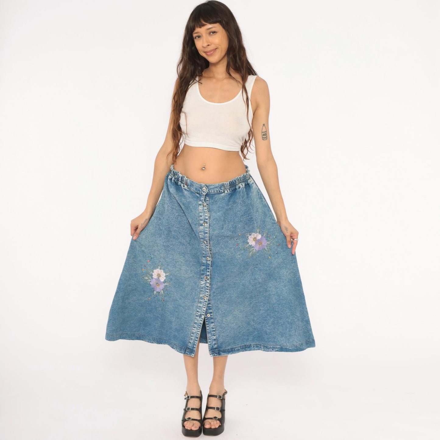 90s Carolina Bay Acid Wash Denim Midi Skirt Floral Embroidered Blue Extra Large XL