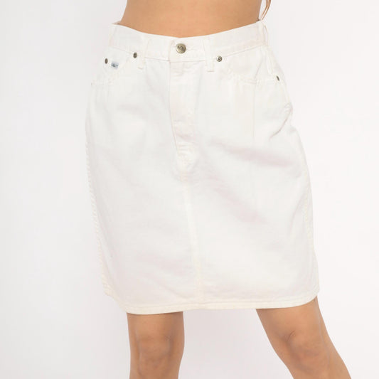 90s Chic White Denim Pencil Skirt High Waisted Mini Cotton Medium M